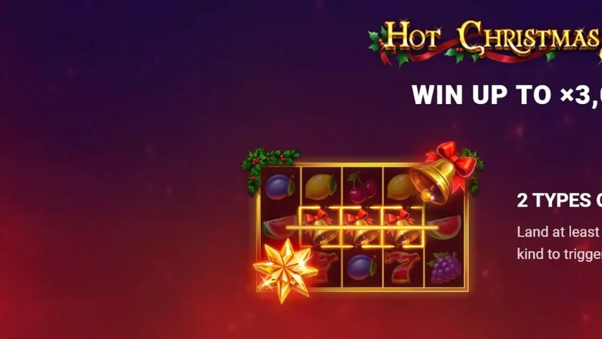 Tampilan visual mesin slot Hot Christmas dengan tema liburan dan simbol buah klasik.