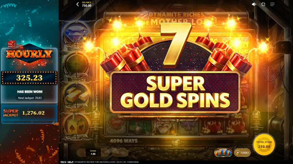 Tampilan visual slot Dynamite Riches The Mother Lode dengan simbol tambang dan dinamit.