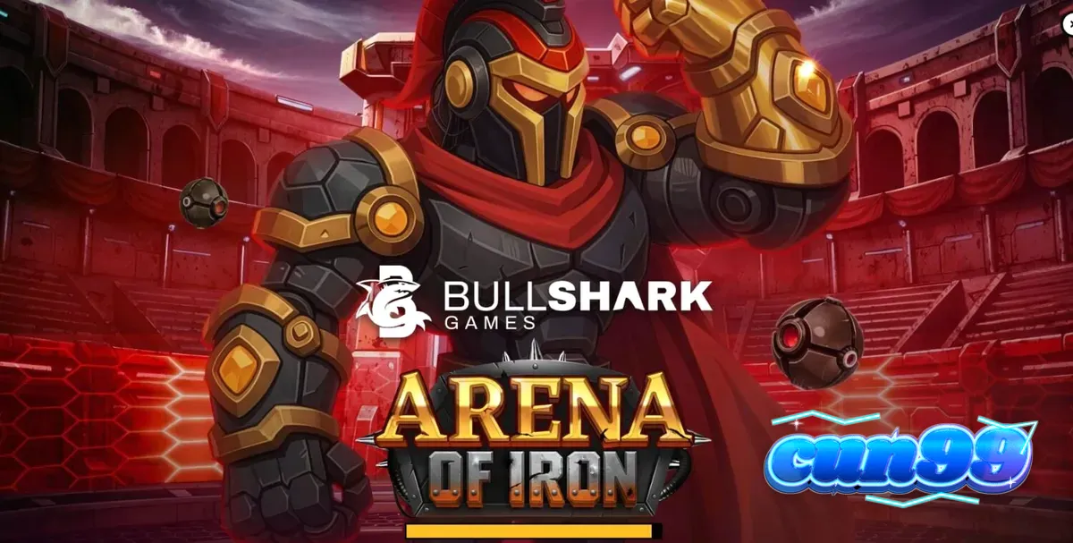 Tampilan visual futuristik dari slot Arena of Iron dengan latar belakang arena pertempuran robot.