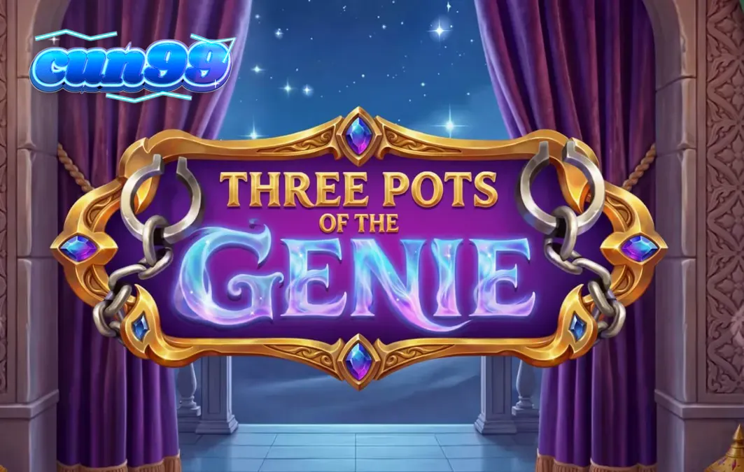 Tampilan visual slot Three Pots of the Genie dengan latar belakang gurun dan pot permata